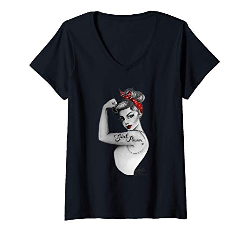 Mujer Girl Power Pin Up Art by Anne Cha Modern Rosie the Riveter Camiseta Cuello V