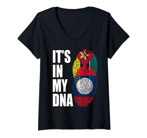 Mujer Laos y Mozambique Mix DNA Flag Heritage Camiseta Cuello V