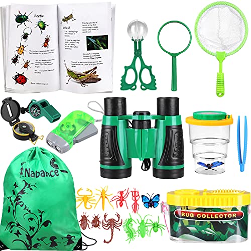 Nabance Kit Explorador para Niños, 24 Piezas Juguetes de Exploración con Binoculares, Caja de Observación ​con Lupa, Linterna, Brújula, Insectos Simulados, Bolsa de Almacenamiento, Manual de Insectos