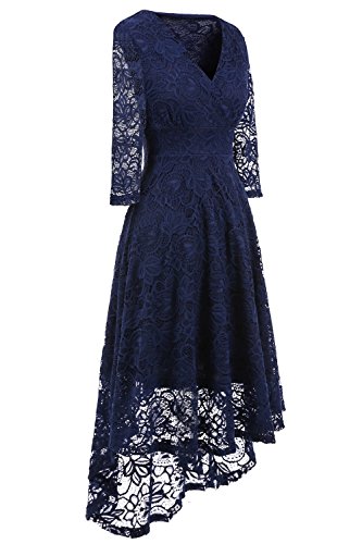 NALATI Women Vintage Solid Color 3/4 Sleeve Deep V Neck High Waist High-Low Hip Lace Party Cocktail Dress (XL, Navy Blue)