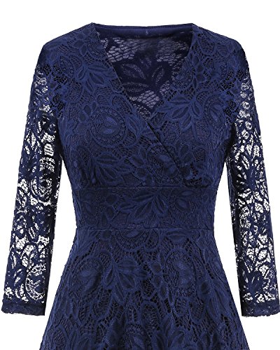 NALATI Women Vintage Solid Color 3/4 Sleeve Deep V Neck High Waist High-Low Hip Lace Party Cocktail Dress (XL, Navy Blue)