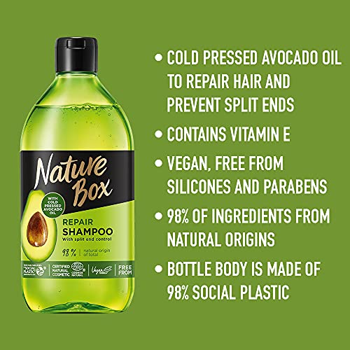 Nature Box Champú natural, Reparación de puntas abiertas, con aceite de aguacate prensado en frío, vegano y ecológico, sin parabenos y silicona, 385 ml