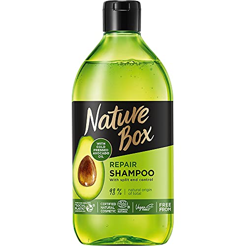 Nature Box Champú natural, Reparación de puntas abiertas, con aceite de aguacate prensado en frío, vegano y ecológico, sin parabenos y silicona, 385 ml