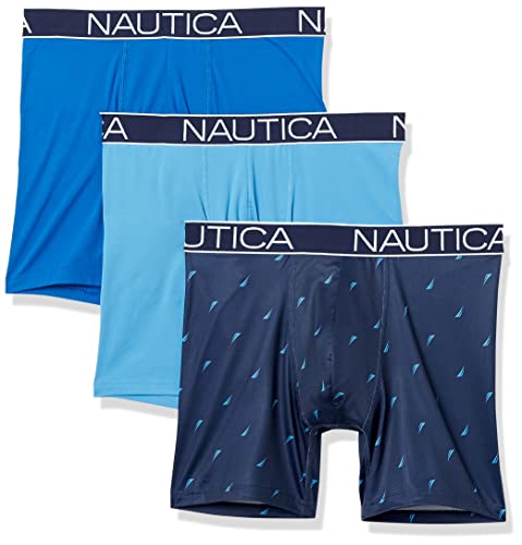 Nautica Men's Brushed Poly 3 Pack Boxer Brief, Sea Cobalt/Aero Blue/Sail Print-Peacoat, Medium