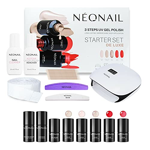 NEONAIL Kit de manicura sempermanente - DE LUXE Starter Set 5x esmaltes semipermanentes 3 ml, Lámpara, Accesorios