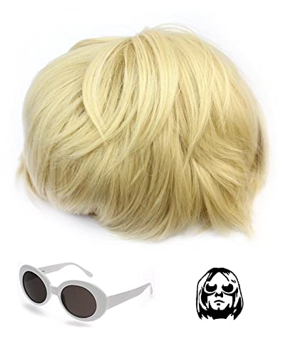 Nirvana Kurt Cobain peluca y gafas de lujo vestido de traje pieza de pelo blanco oval UV gafas sombras y caso