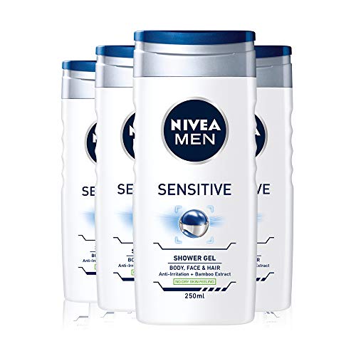 NIVEA Gel de ducha sensible para hombre, 4 unidades (4 x 250 ml), gel de ducha para piel sensible sin alcohol, gel de ducha suave para hombres, gel de ducha para piel irritada