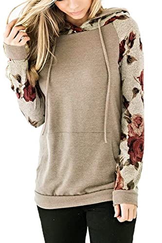 Niwicee Mujer Sudadera con Capucha Manga Larga Sweatshirt Elegant Estampado Floral Hoodie con Bolsillo Casual Otoño Primavera Mujer Tops (marrón, M)