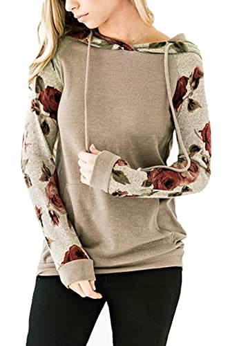 Niwicee Mujer Sudadera con Capucha Manga Larga Sweatshirt Elegant Estampado Floral Hoodie con Bolsillo Casual Otoño Primavera Mujer Tops (marrón, M)