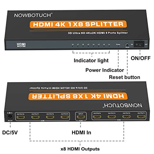 NOWBOTUCH 1x8 Divisor HDMI 8 Puertos 1 Entrada 8 Salidas Conmutador HDMI 1 Puerto a 8 HDMI Display Duplicado/Espejo Divisor Ver 1.4 Certificado para Full HD 1080P Soporte 3D de Alta resolución