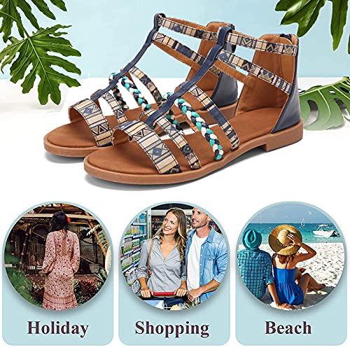 NUHEEL Sandalias de Verano para Mujer,Estilo Bohemio,Zapatos con Patrón de Playa,Cómodas,Moda Gladiador Sandalias de Punta Abierta Boho Planas para Exteriores Informales Azul 41 EU