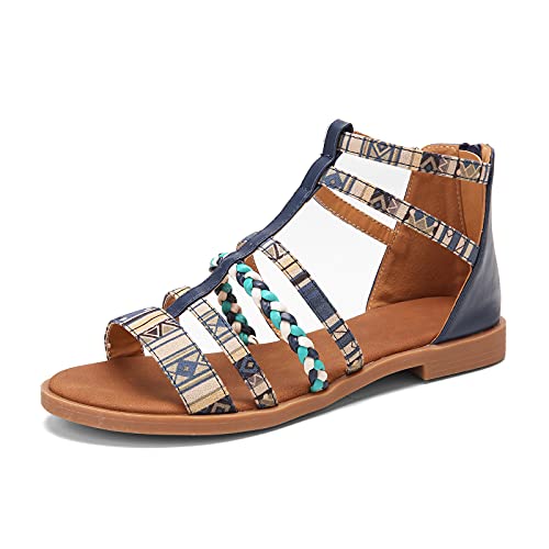 NUHEEL Sandalias de Verano para Mujer,Estilo Bohemio,Zapatos con Patrón de Playa,Cómodas,Moda Gladiador Sandalias de Punta Abierta Boho Planas para Exteriores Informales Azul 41 EU