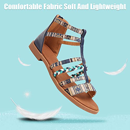 NUHEEL Sandalias de Verano para Mujer,Estilo Bohemio,Zapatos con Patrón de Playa,Cómodas,Moda Gladiador Sandalias de Punta Abierta Boho Planas para Exteriores Informales Azul 41 EU