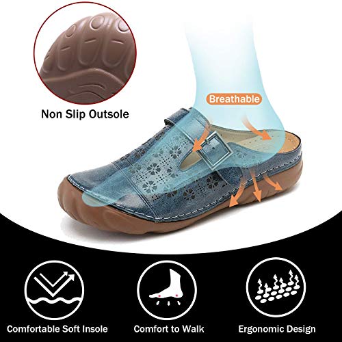 NUHEEL Zuecos Mujer Mules Cuero Cómodos Zapatillas de Playa Verano,Sandalias con Plataforma Sandalias de Cuña,Punta Cerrada Fuera Confort Slip on Zapatos Antideslizantes Casuales Azul 43 EU