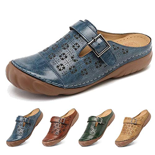 NUHEEL Zuecos Mujer Mules Cuero Cómodos Zapatillas de Playa Verano,Sandalias con Plataforma Sandalias de Cuña,Punta Cerrada Fuera Confort Slip on Zapatos Antideslizantes Casuales Azul 43 EU