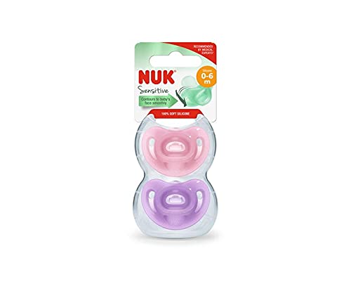 NUK Sensitive chupete | 0-6 meses | 100 % silicona para piel sensible | Sin BPA | 2 unidades | rosa