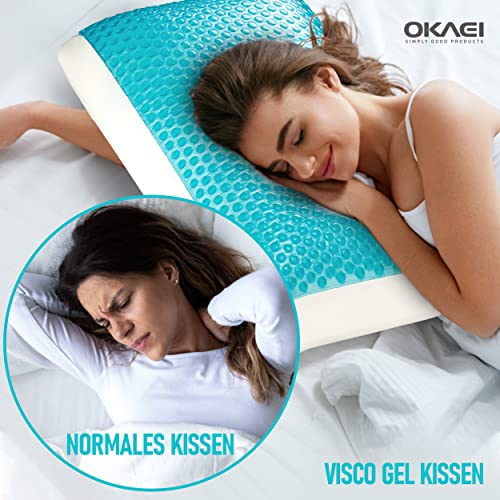 Okaei GelCell - Almohada de espuma viscoelástica con funda de gel refrescante, ortopédica para el dolor de cuello - Almohada ergonómica - Almohada para el dolor de cuello - 60 x 40 x 15 cm