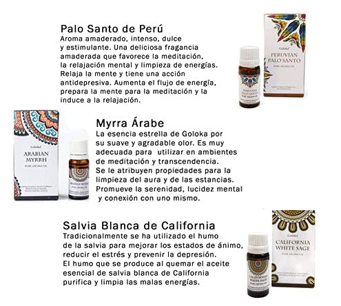 Pack 6 Aceites Esenciales Goloka - Salvia Blanca, Palo Santo, Sándalo, Mirra, Nag Champa, Almizcle Blanco + Decreto DoraZen