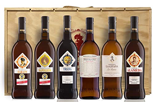 Pack 6 Botellas 75 Cl. en Caja de Madera - Manzanilla en Rama + Cream Alameda + Pedro Ximenez Triana + Manzanilla Pastrana - Amontillado Napoleón + Oloroso Faraón