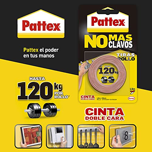 Pattex No Más Clavos Cinta, cinta adhesiva para aplicaciones permanentes, cinta de doble cara extrafuerte, adhesivo de montaje para interior y exterior, 19 mm x 1,5 m