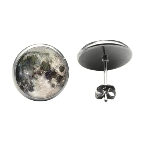 Pendientes de luna llena para astronomía, diseño de luna, con texto en inglés "Luna llena", pendientes de cúpula de cristal para mujer