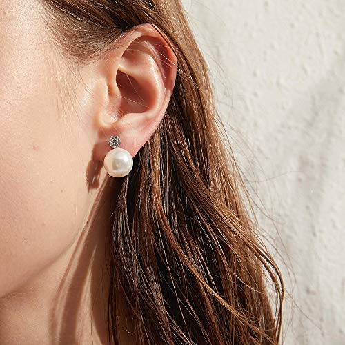 Pendientes de perlas de plata, pendientes de perlas para mujer Pendientes de perlas de plata esterlina para mujer Pendientes de perlas de diamantes con circonita cúbica Pendientes de perlas mujer