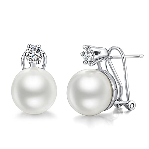 Pendientes de perlas de plata, pendientes de perlas para mujer Pendientes de perlas de plata esterlina para mujer Pendientes de perlas de diamantes con circonita cúbica Pendientes de perlas mujer