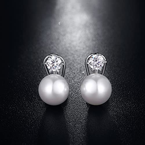 Pendientes de perlas de plata, pendientes de perlas para mujer Pendientes de perlas de plata esterlina para mujer Pendientes de perlas de diamantes con circonita cúbica Pendientes de perlas mujer