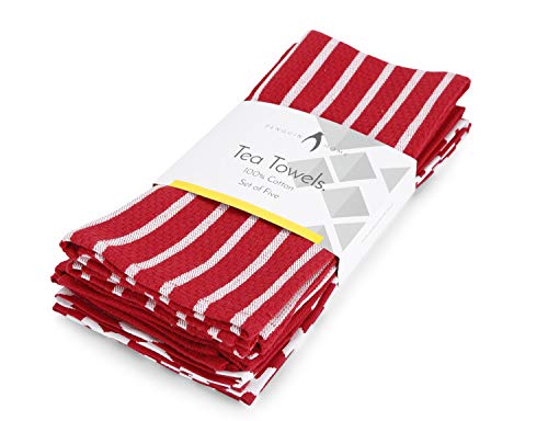 Penguin Home - Juego de 5 Toallas de té 100% algodón - Suave - Duradero - Diseño Elegante en Rojo con múltiples Patrones - Lavable a máquina - 65 x 45 cm