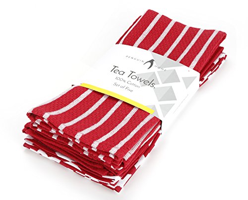 Penguin Home - Juego de 5 Toallas de té 100% algodón - Suave - Duradero - Diseño Elegante en Rojo con múltiples Patrones - Lavable a máquina - 65 x 45 cm