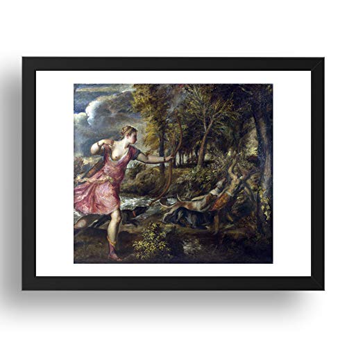 Period Prints TIZIANO Vecellio: La muerte de Actaeon, arte vintage, reproducción A2 en marco negro de 24 x 17 pulgadas