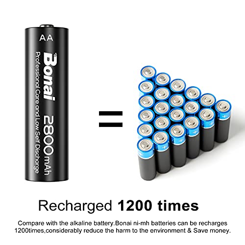 Pilas Recargables AA, BONAI Alta Capacidad 2800mAh 1.2V 1200 Ciclos de Pilas AA Recargable NI-MH, Precargadas para los Equipos Domésticos (8 Piezas)