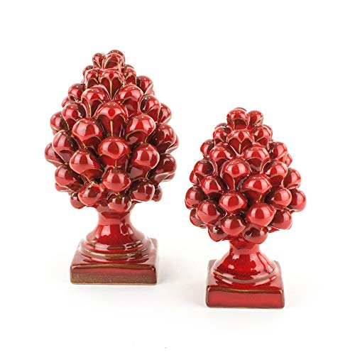 Piñas rojas navideñas de 12 cm de altura + 14 cm de altura de cerámica de Caltagirone hechas a mano, par de piñas sicilianas