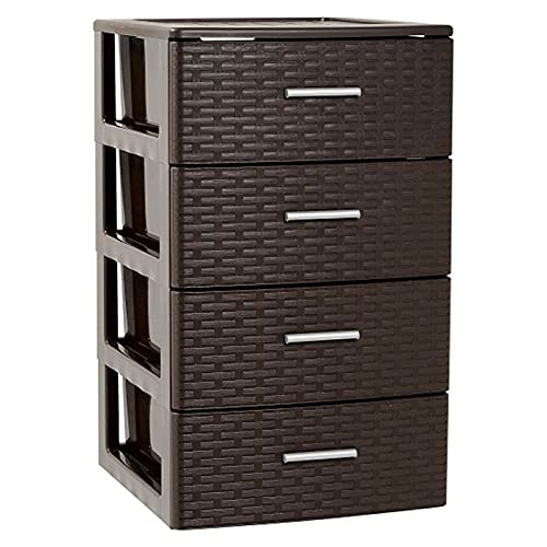 Plastic Forte - Cajonera de ordenación con 4 cajones de plástico efecto mimbre 61,5 x 39,5 x 36,5 cm. Torre de almacenaje multiusos, organizador auxiliar, almacenamiento, baño (4 cajones, Wengue)