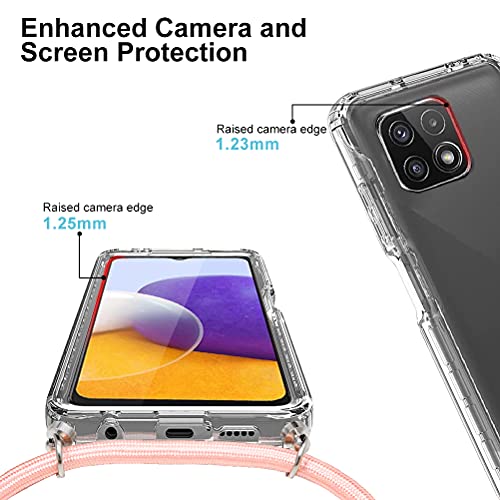 Pnakqil Funda con Cuerda para Samsung Galaxy A22 5G +1 x Película de Lentes Estuche para teléfono de Silicona TPU de 360 Grados Anti-caída con cordón Ajustable para Correa para el Cuello -Oro Rosa