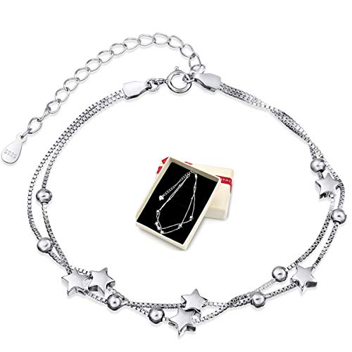 Pulsera de Mujer Elegante Perlas 925 Plata y Estrellas Pulseras de Doble Capa con 925 Pulsera de Plata Pulsera Brazalete Joyería de Moda Ajustable Pulseras Pulseras de Amor con empaque de joyería