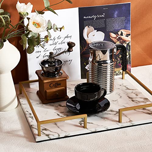 PuTwo Bandejas Decorativas Motivo de Mármol PU Grande Bandeja Organizadora Maquillaje Rectangular Perfume Organizador Bandeja Joyería para Baño Mesa Perfume Joya - Blanco