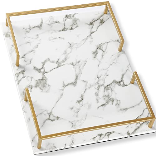 PuTwo Bandejas Decorativas Motivo de Mármol PU Grande Bandeja Organizadora Maquillaje Rectangular Perfume Organizador Bandeja Joyería para Baño Mesa Perfume Joya - Blanco