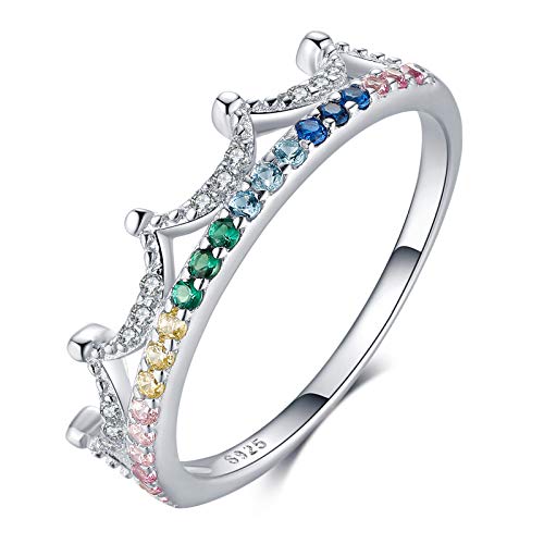 Qings Anillo de Compromiso, Anillo Corona de Plata de Ley 925 con Colorido Circonita Cúbica Regalos de Joyería para Mujeres y Niñas