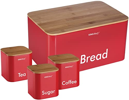 (Red) - Kinghoff 4 piece Kitchen Storage Includes Bread Bin Tea Coffee Sugar Caddy Tins Containers Canister Storage Jars Pots Set (Red)