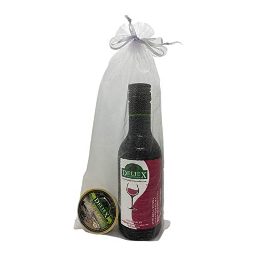 Regalo vino tinto de Extremadura con una monodosis de paté en bolsa de organza para invitados