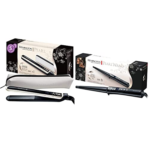 Remington Plancha de Pelo Pearl - Cerámica Avanzada con Perla + Remington Rizador de Pelo Conique Pearl - Barril de 13-25 mm