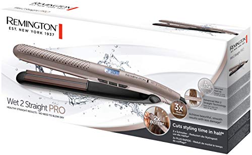 Remington Plancha de Pelo Wet2Straight Pro - Tecnología Wet2Straight, Cabello Húmedo y Seco, Cerámica, Digital, Marrón - S7970