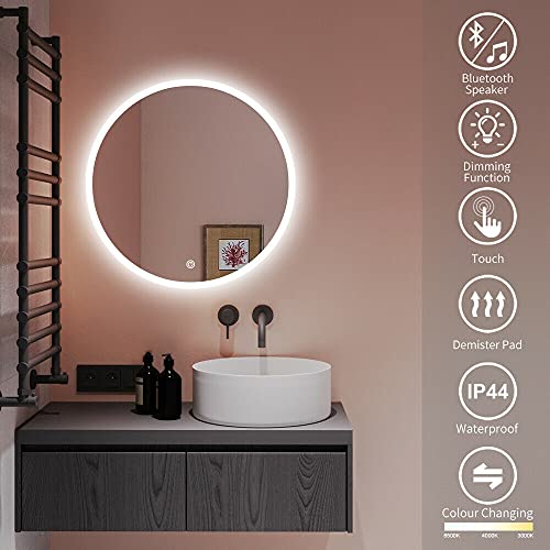 S-bagno - Espejo de baño redondo con retroiluminación LED, 80 cm de diámetro, con altavoz Bluetooth integrado, brillo regulable, almohadilla deshumidificadora e interruptor con sensor de contacto