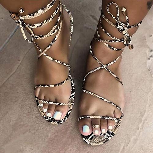 Sandalias de mujer Gladiator romanas, sandalias de playa con correa Peep Toe antideslizante, cómodas patrón de serpiente, zapatos de moda elegantes para el tiempo libre, marrón, 42