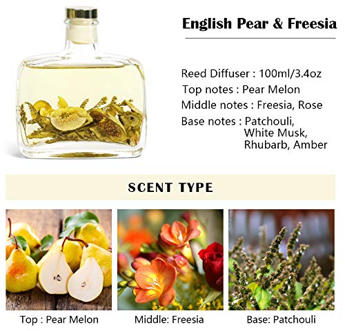 Scent-Hi Difusor de Fragancia para el hogar Aceites Esenciales de Pera y Fresia 100 ml con 6 Varillas de caña perfumadas para Dormitorio, difusor de decoración Fragancia Regalo