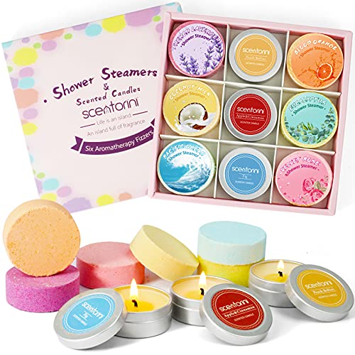 SCENTORINI 9 Bombas de Ducha con Velas Perfumadas Tabletas de Ducha Set de Regalo de Aceites Esenciales Natural para Aromaterapia, Regalo para Niños Mujeres y Día de la Madre