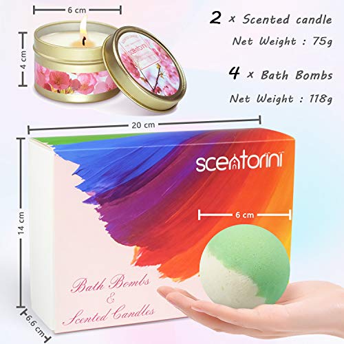 SCENTORINI Set de Regalo Bombs Perfumadas de Baño Bath Ball Natural Spa para Relajación 4 x 118 g Bath Bombs + 2 x 75 g Velas Perfumadas de Cera de Soja