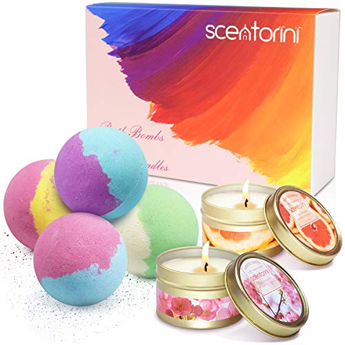 SCENTORINI Set de Regalo Bombs Perfumadas de Baño Bath Ball Natural Spa para Relajación 4 x 118 g Bath Bombs + 2 x 75 g Velas Perfumadas de Cera de Soja