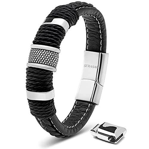 SERASAR Pulsera Plata Hombre 20cm Plateado Pulsera de Cuero Chico Pulseras Hombres Brazalete Pulso Muñequeras Bisuteria Bisutería Joyeria Nudos Cuerda Cuerdas Bracelet Mens Jewellery Unisex Ancha